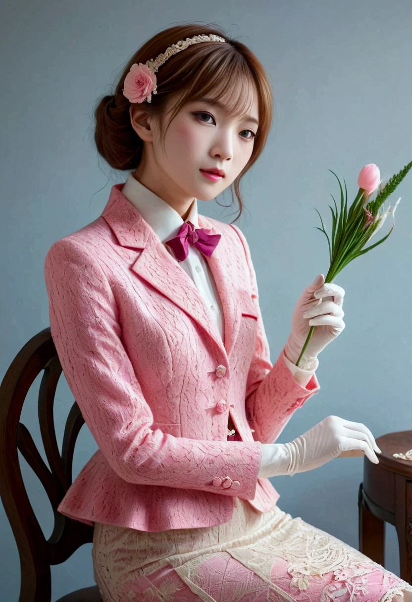 A Korean man in ladies vintage suit dress, he is crossdresser, body like a woman, slender female body, white and pink, long sleeves, short jacket, mermaid line lonh skirt, tweed, sit quietly, Rich lace and frills