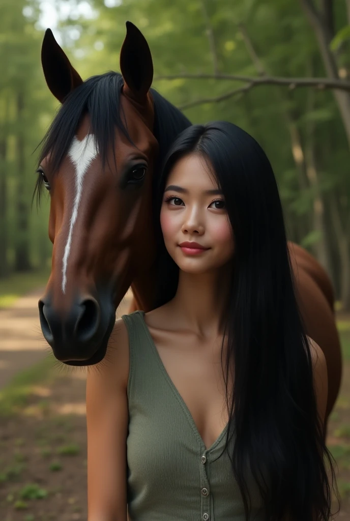 Masterpiece, top lighting, bright lights, smile, brown delicate and delicate long hair, horse farm, man next to the horse, delicate white shirt, big breasts without leaking spots, high-definition facial features, 8K, double eyelids, delicate and delicate facial features, whitened skin, necklace