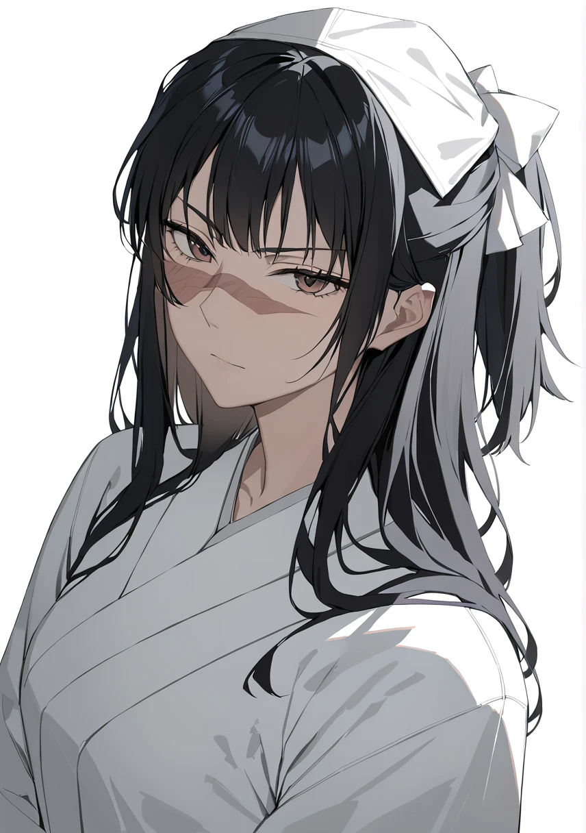 Utahime, black hair, long hair, 1girl, white background, japanese clothes, scar on face, simple background, upper body, brown eyes, looking at viewer, bangs, cross scar, white kimono
best quality, masterpiece,