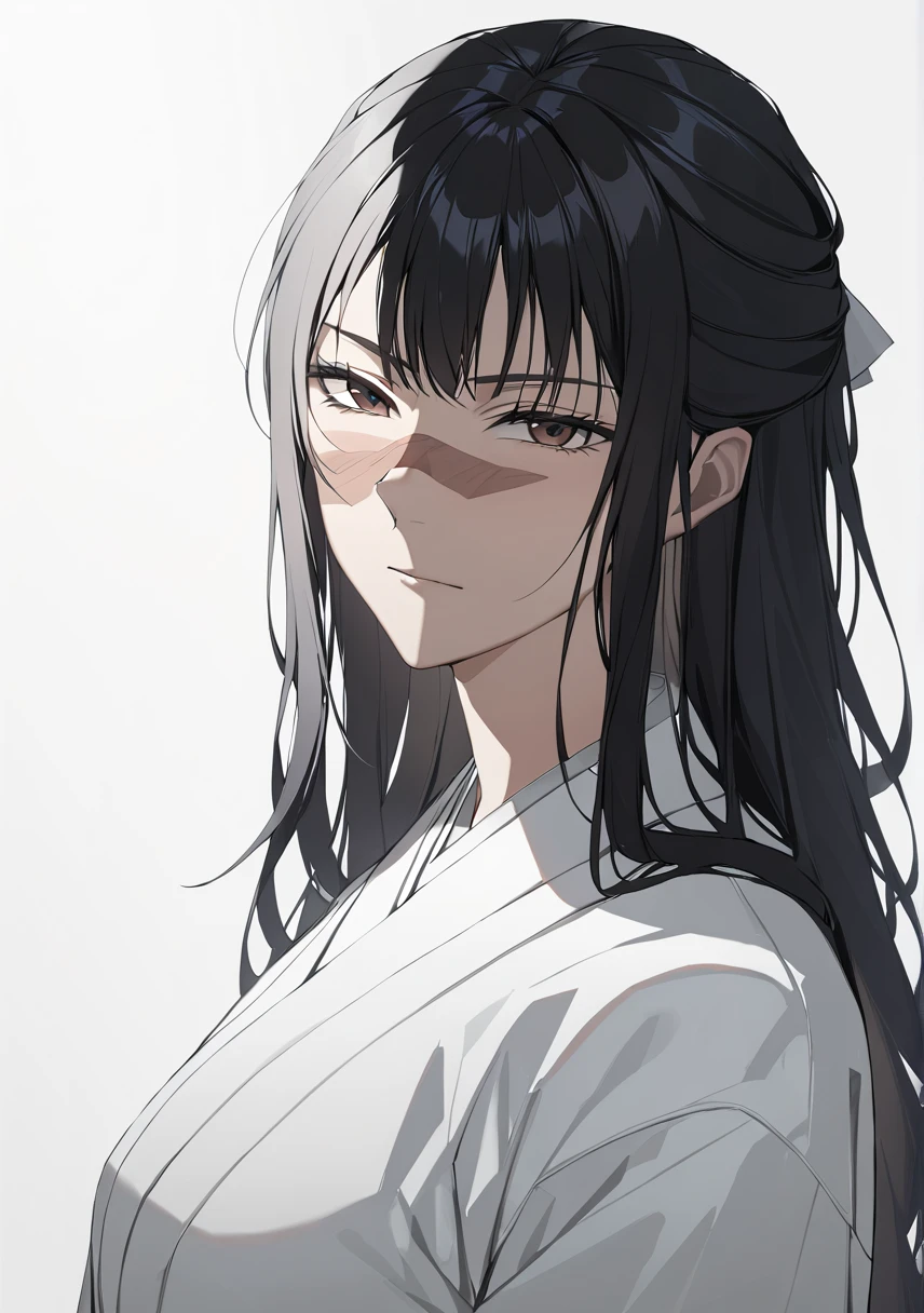 Utahime, black hair, long hair, 1girl, white background, japanese clothes, scar on face, simple background, upper body, brown eyes, looking at viewer, bangs, cross scar, white kimono
best quality, masterpiece,