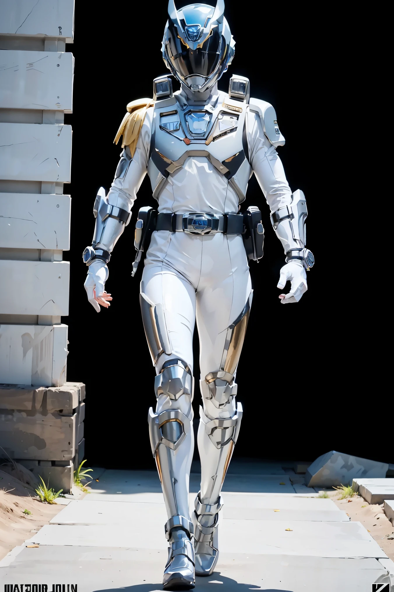 1boy, full body, Illustration, cinematic light, high resolution, best quality, ultra-detailed, masterpiece, power suit, powerranger, suit, spd, (Silver and Gold chest plate), white and gold detail, (((white suit))), ((police theme:1.2)), jetpack, ((people background))