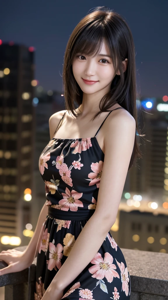 1 Japanese girl,(Floral dress:1.4), (RAW Photos, Highest quality), (Realistic, Photorealistic:1.4), Very delicate and beautiful, Very detailed, 8k wallpaper, wonderful, In detail, Very detailedなCG Unity, High resolution, Soft Light, Beautiful and detailed 19 year old girl, Very detailedな目と顔, Beautifully detailed nose, Beautiful fine details,Cinema Lighting,City lights at night,Perfect Anatomy,Slender body,smile (My hair is messy, Asymmetrical bangs, Black Hair,semi-long)