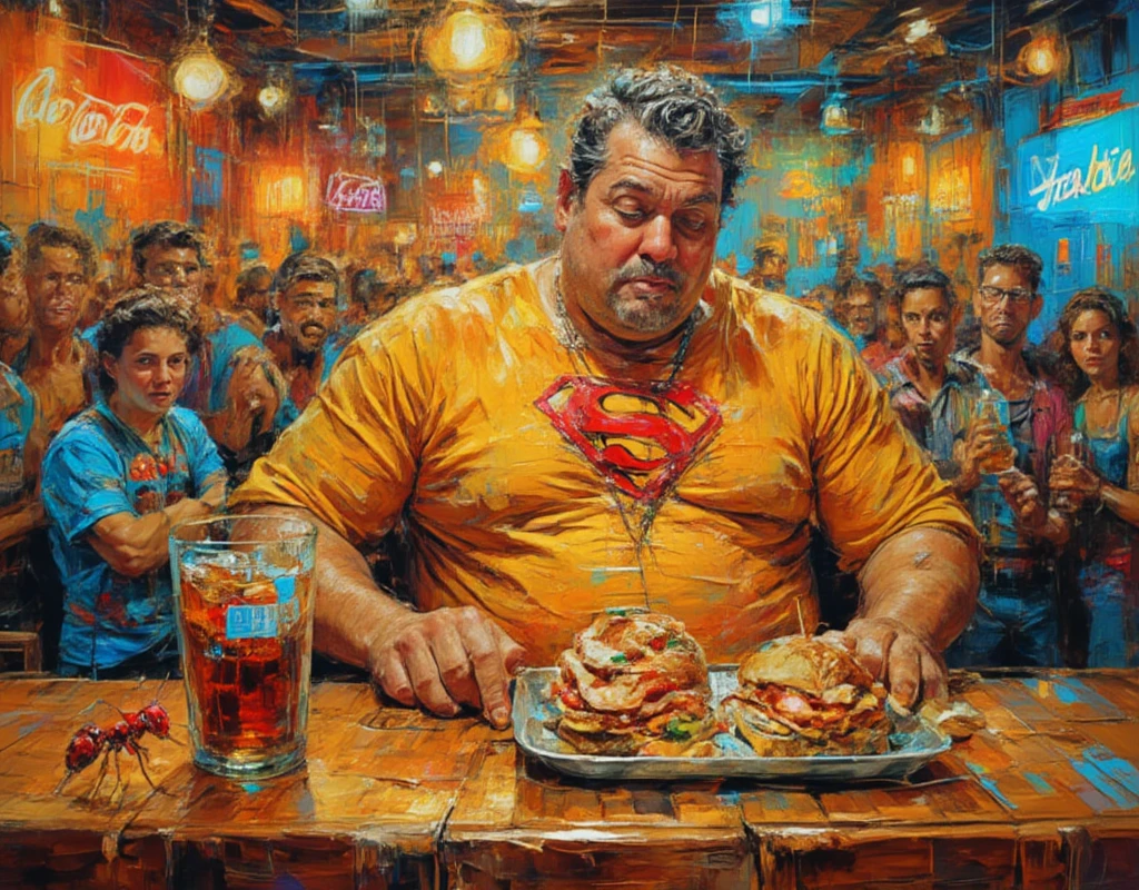 
Fat very big mess with a yellow shirt with the symbol of Superman printed wants to break the record of ceese boorger in his favorite restaurant sitting on an aluminum table and shiny red ant in front of a tray with a mountain of sandwiches and a big Glass in cardboard with coca-cola strawcola eats two by two the sandwiches with a fervour and speed shocking the waitresses in procession bring other trays of sandwiches to the table with faces expressing wonder and concern. In the background young people make videos of the company with their smartphone 
