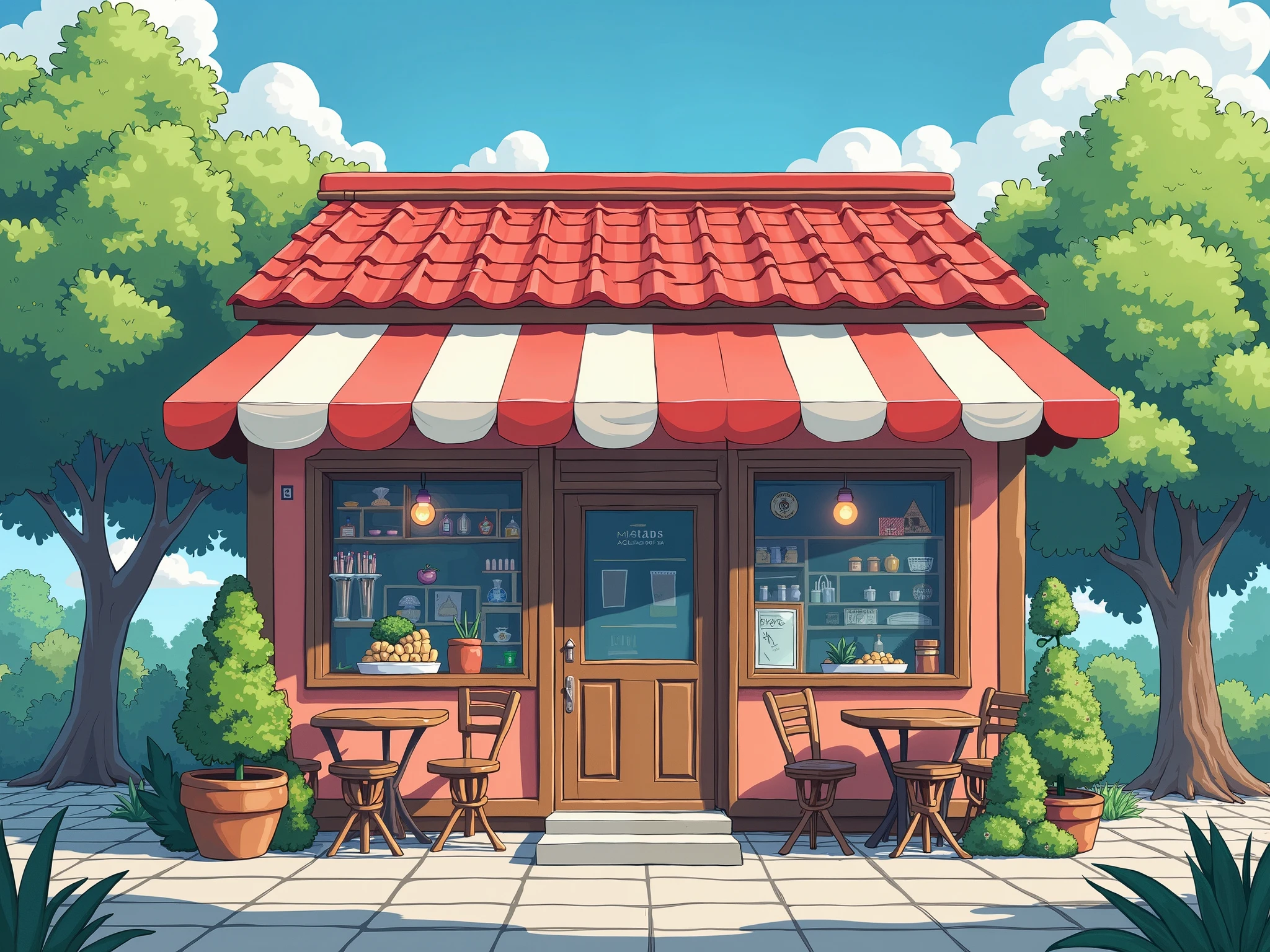 Small cafe business near futsal outside,anime


