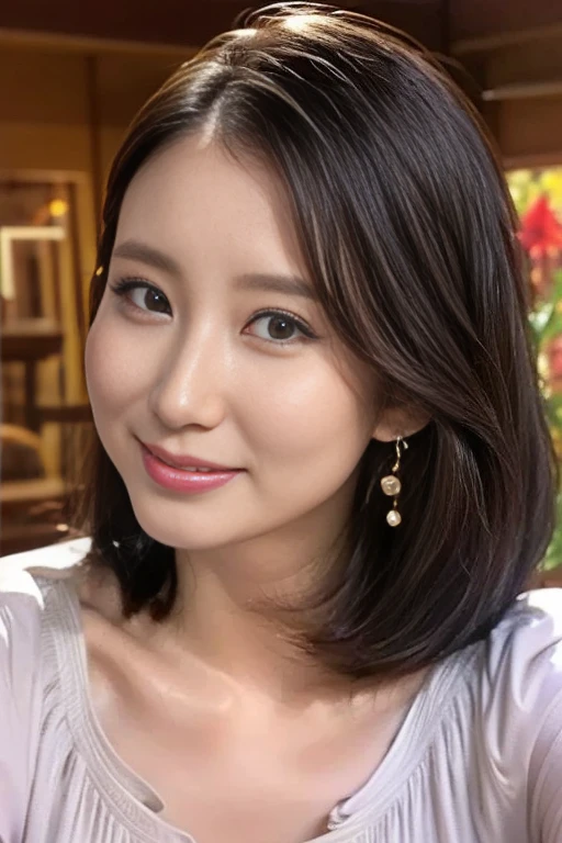  High Quality, 4K, 8k,  realistic , A woman wearing a random colored shirt and earrings, Age 30、Smile、beautiful、 random poses , High-end products、Custom Made Clothing,  elegant 、Sparkling Eyes、 stare 、Messy hairstyle,  sexy, wide shot, Live broadcast from Momiji Park
