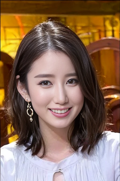  High Quality, 4K, 8k,  realistic , A woman wearing a random colored shirt and earrings, Age 30、Smile、beautiful、 random poses , High-end products、Custom Made Clothing,  elegant 、Sparkling Eyes、 stare 、Messy hairstyle,  sexy, wide shot, Live broadcast from Momiji Park
