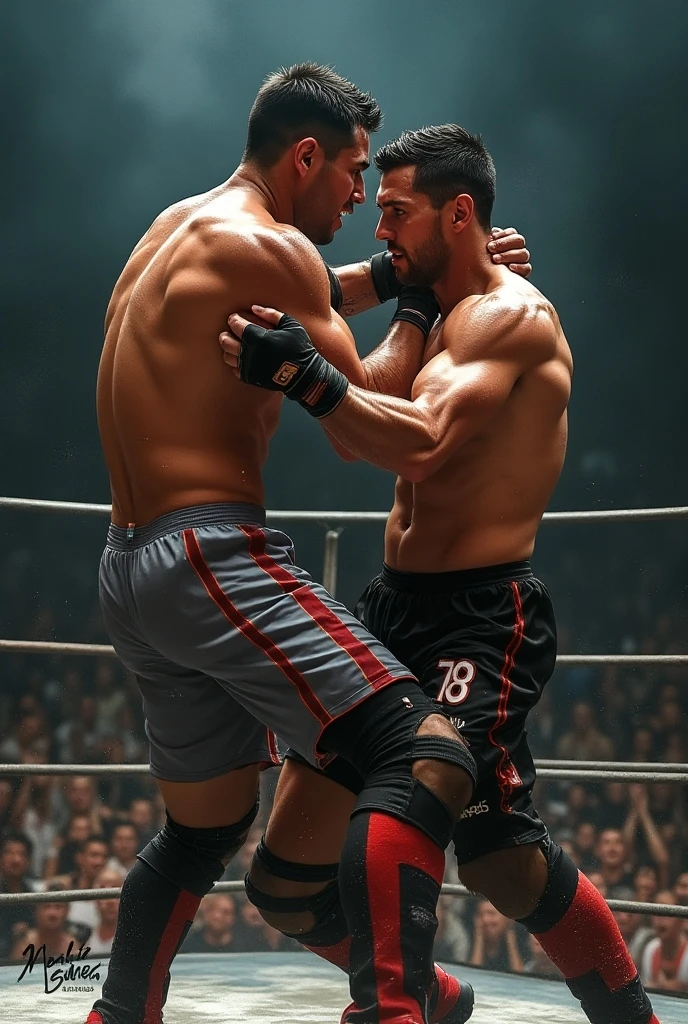 A young Japanese professional wrestler A and a senior Japanese professional wrestler B are in the ring.。The Battle Between A and B。
A is buzzcut and muscular、Wearing short tights。Sweaty。Painful expression。
B is short-haired, muscular, and dark-skinned、Wearing short tights。
A has one knee in the ring。B and his friends attacked A from behind by hugging him.。
Fujifilm, look up,