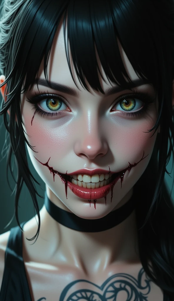 Close-up:
woman, white pele,  honey-colored and green eyes, full lips, blurry gothic makeup , vampire teeth, blood running down the mouth.
32K , HDR, UHD, intricate detail, extremely intricate detail, hyperrealistic, extremely realistic, high quality, vivid color, extremely detailed.