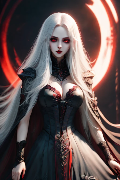 (best quality,4k,8k,high resolution,masterpiece:1.2),Super detailed,(actual,photoactual,photo-actual:1.37), full length pose, young female vampire, (((perfect face))), very deep cleavage, long pointed teeth, bright red lips, bright blue eyes, very pale complexion, dark eye makeup, unbelievably long grey-blonde hair blowing in the wind, head slightly raised, sniffing, (((perfect hands))), hands raised in front of her as if to claw at something, long sharp scarlet fingernails, long black flowing cloak with scarlet lining and a hood, deep cleavage, goth style lacy long dress, standing in the shadows, she is hunting for prey, very dark steampunk city background with steampunk style train, night view, Mysterious moonlight, hint of blood red, Gloomy and mysterious, Palette: deep black and rich purple, dramatic lighting, Ethereal and supernatural beings, photorealistic
