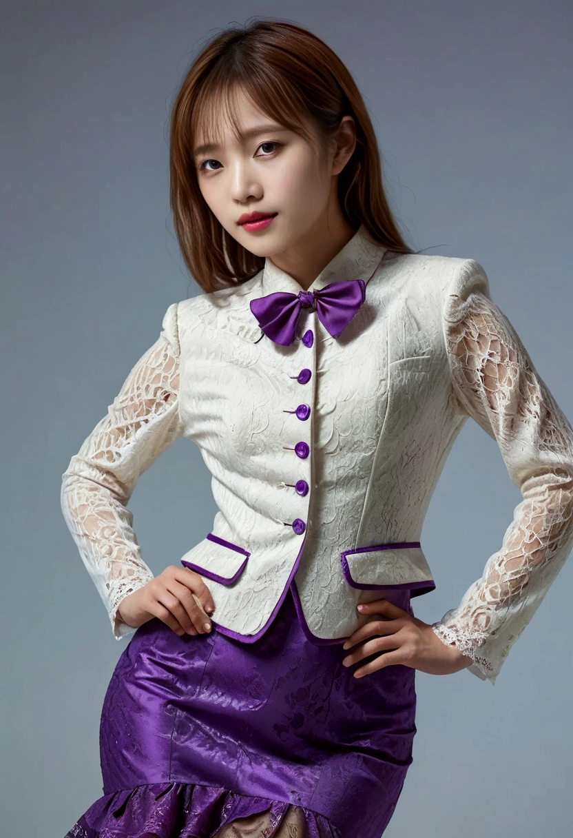 A Korean man in ladies vintage suit dress, he is crossdresser, body like a woman, slender female body, white and purple, long sleeves, short jacket, mermaid line lonh skirt, tweed, Rich lace and frills