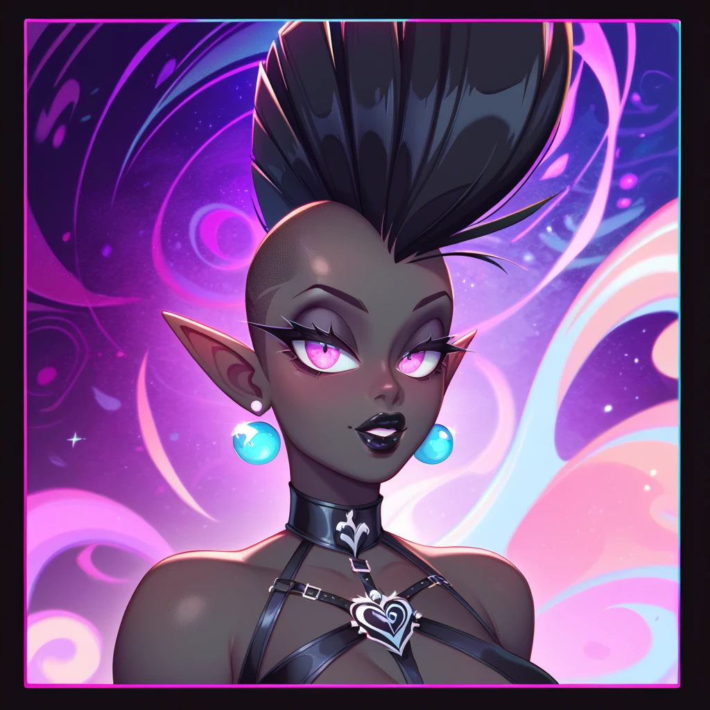 1 girl, Sombra from overwatch, (dark skinned:1.3), naked, medium breasts, sweating a lot, black eyes, upper body, confident, looking at viewer, condom in mouth, forest background, evil smile, horny eyes