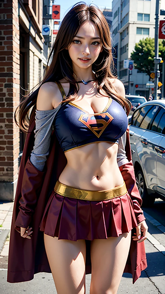   1 girl，big tit female body set ，  Supergirl Costume Dress，skirt、ミニskirt、Cutting clothes，close，  Off Shoulder Outfit，Charming，  perfect body，street，belly button，Abdominal vest line，Brown Hair、Long Hair、Long Hair、  Sexy Poses