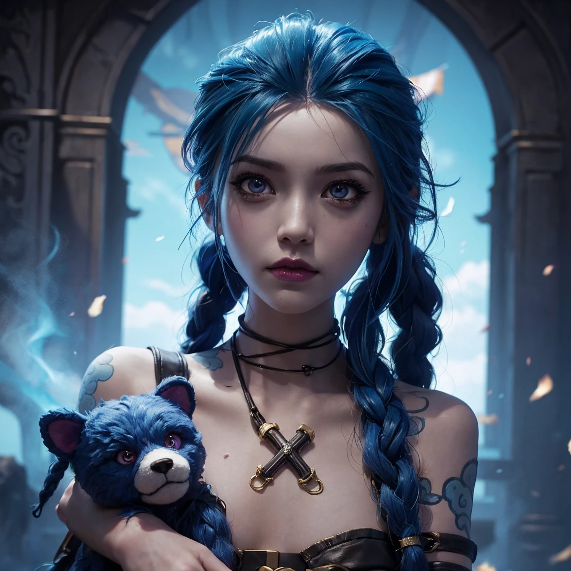  It represents Jinx from 'Arcane' a close-up of a person holding a teddy bear in a field,  fantasy art , by Lü Ji , expresión de curse, CGsociety 9, curse de league of legends, curse arcana, curse