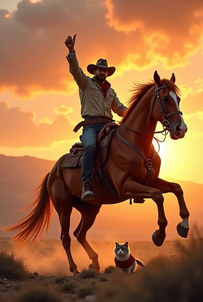 (1man\cowboy\cowboyハット\ Thumbs up\horseを乗りこなす), horse\いななく\Chestnut\ raise your front legs high\Patissier cat wearing a , wilderness\sunset, (((UHD, masterpiece, textured skin, super detail, high details, best quality,  highres icon, 8k)))