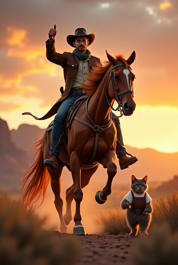 (1man\cowboy\cowboyハット\ Thumbs up\horseを乗りこなす), horse\いななく\Chestnut\ raise your front legs high\Patissier cat wearing a , wilderness\sunset, (((UHD, masterpiece, textured skin, super detail, high details, best quality,  highres icon, 8k)))