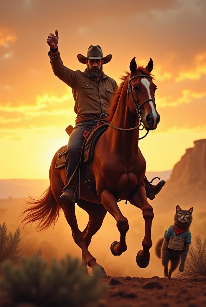 (1man\cowboy\cowboyハット\ Thumbs up\horseを乗りこなす), horse\いななく\Chestnut\ raise your front legs high\Patissier cat wearing a , wilderness\sunset, (((UHD, masterpiece, textured skin, super detail, high details, best quality,  highres icon, 8k)))