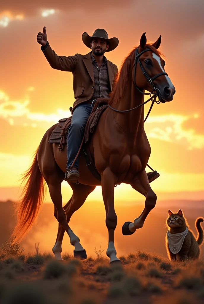 (1man\cowboy\cowboyハット\ Thumbs up\horseを乗りこなす), horse\いななく\Chestnut\ raise your front legs high\Patissier cat wearing a , wilderness\sunset, (((UHD, masterpiece, textured skin, super detail, high details, best quality,  highres icon, 8k)))