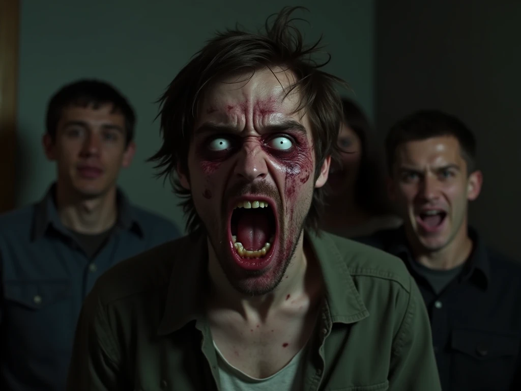 a zombie chasing a human, human's scared face, zombie biting the human, best quality, 4k, 8k, highres, masterpiece:1.2, ultra-detailed, realistic, photorealistic, photo-realistic:1.37, horror, dark, gritty, moody lighting, dramatic lighting, cinematic, intense colors, gloomy, ominous atmosphere, detailed zombie features, gruesome zombie biting, terrified human expression, detailed skin textures, sharp focus, physically-based rendering, extreme detail description, professional