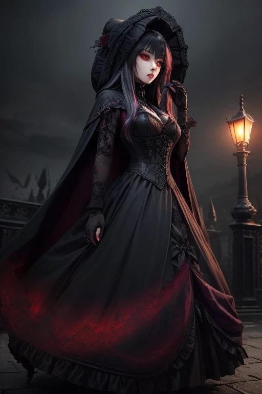 (best quality,4k,8k,high resolution,masterpiece:1.2),Super detailed,(actual,photoactual,photo-actual:1.37), full length pose, young female vampire, (((perfect face))), very deep cleavage, long pointed teeth, bright red lips, bright blue eyes, very pale complexion, dark eye makeup, unbelievably long grey-blonde hair blowing in the wind, head slightly raised, sniffing, (((perfect hands))), hands raised in front of her as if to claw at something, long sharp scarlet fingernails, long black flowing cloak with scarlet lining and a hood, deep cleavage, goth style lacy long dress, standing in the shadows, she is hunting for prey, very dark steampunk city background with steampunk style train, night view, Mysterious moonlight, hint of blood red, Gloomy and mysterious, Palette: deep black and rich purple, dramatic lighting, Ethereal and supernatural beings, photorealistic
