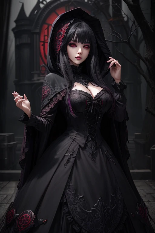 (best quality,4k,8k,high resolution,masterpiece:1.2),Super detailed,(actual,photoactual,photo-actual:1.37), full length pose, young female vampire, (((perfect face))), very deep cleavage, long pointed teeth, bright red lips, bright blue eyes, very pale complexion, dark eye makeup, unbelievably long grey-blonde hair blowing in the wind, head slightly raised, sniffing, (((perfect hands))), hands raised in front of her as if to claw at something, long sharp scarlet fingernails, long black flowing cloak with scarlet lining and a hood, deep cleavage, goth style lacy long dress, standing in the shadows, she is hunting for prey, very dark steampunk city background with steampunk style train, night view, Mysterious moonlight, hint of blood red, Gloomy and mysterious, Palette: deep black and rich purple, dramatic lighting, Ethereal and supernatural beings, photorealistic
