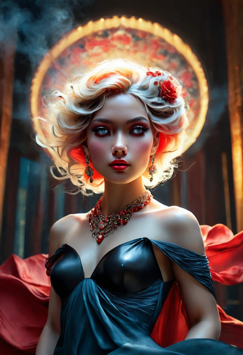 a bald woman, refined and gorgeous, makeup for competition, full body portrait, intricate details, high resolution, photorealistic, dramatic lighting, dramatic pose, dramatic expression, flawless skin, smoky eyes, bold red lips, elegant jewellery, silk dress, flowing fabric, dramatic background, cinematic lighting, cinematic composition, 8k, ultra-detailed, masterpiece, high quality