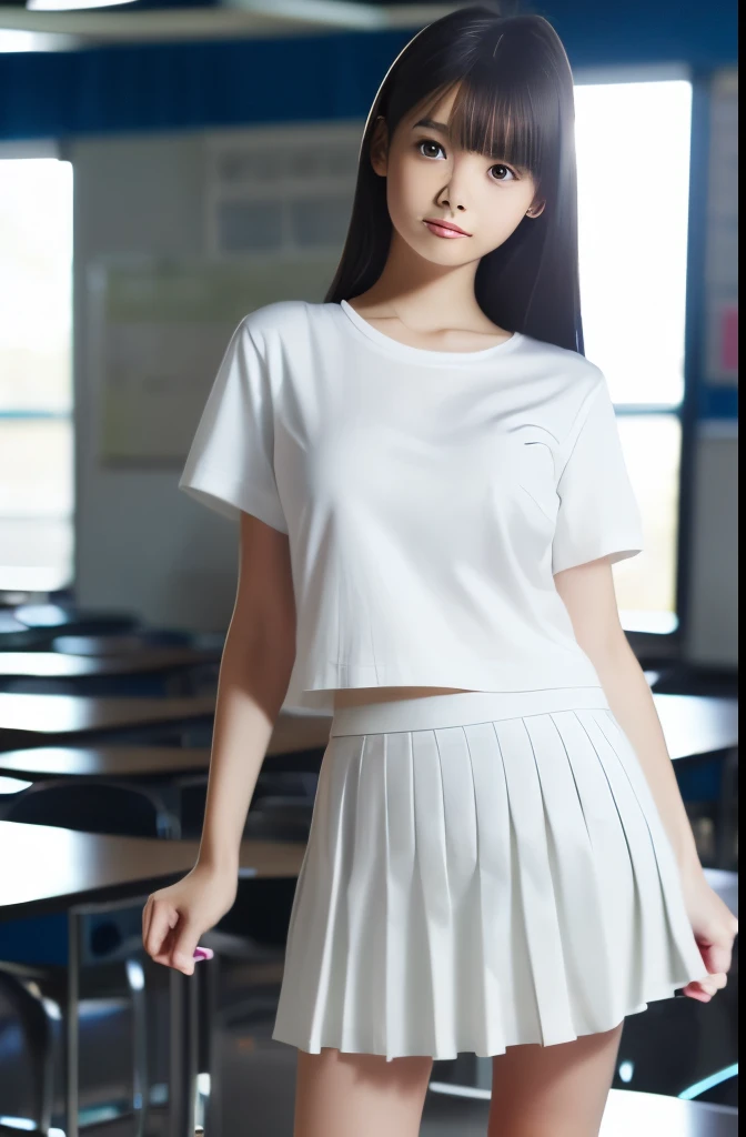 Simple background, very young and cute Japanese high school student, photorealistic, natural skin texture, no makeup, , childish face, small build, lifts the skirt