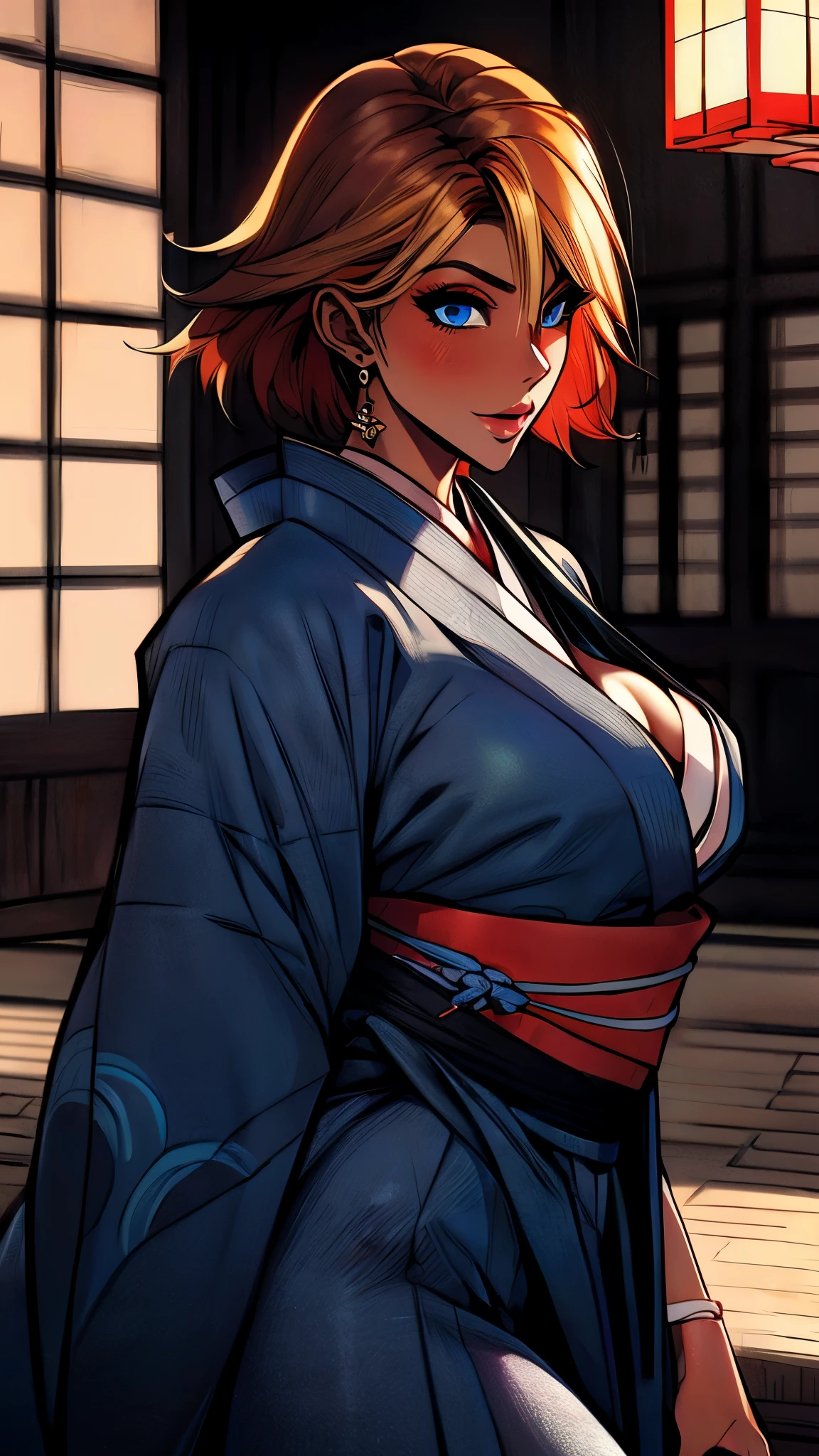 joanna dark, short hair, red hair, blonde hair, blue eyes, (((sexy kimono))), (((tanned skin))), ((fit body)), masterpiece, high contrast, detailed, skin texture, hyper detailed, best quality, high resolution, detailed, (high detailed skin:1.2), 8k uhd, dslr, soft lighting, high quality, film grain), even, neutral light, key light, bold, bright colours, (((japanese mansion, traditional japanese mansion))), in PIT-Erotic-style style