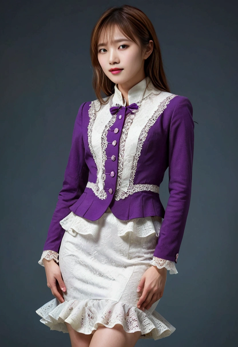 A Korean man in ladies vintage suit dress, he is crossdresser, body like a woman, slender female body, white and purple, long sleeves, short jacket, mermaid line lonh skirt, tweed, Rich lace and frills