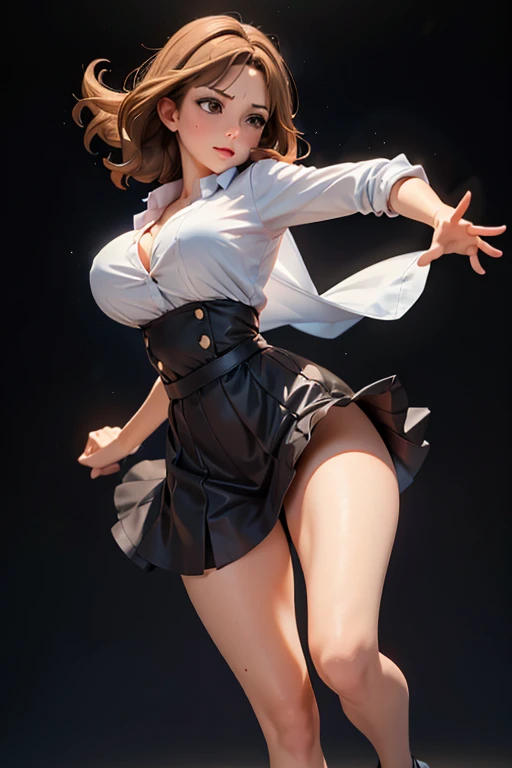 woman, adult, mother, milf, roasted fine, adult face,  brown hair,  light brown eyes,  medium breasts ,  perfect hands,  perfect legs, perfect thighs,  dress shirt, Wearing a dress skirt attached to the body, high jump,  full body ,  side view, walking in a hurry ,  plain background,  black background, HD,