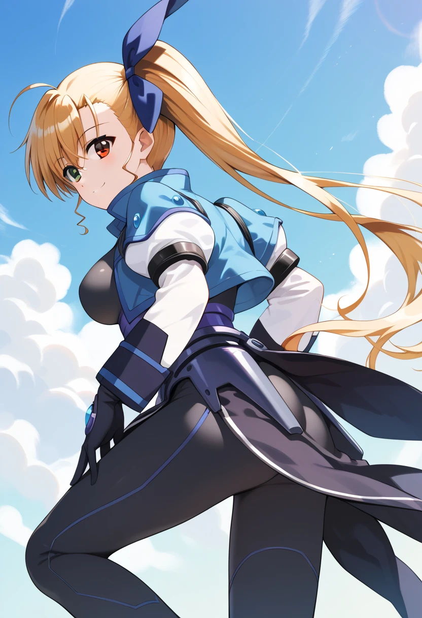  score_9,  score_8_up,  score_7_up,  score_6_up,  score_5_up,  score_4_up, sauce_Anime, bbvivio, aged up, Long Hair,  blond hair, Ahoge,   Side Ponytail ,   hair bow,  heterochromia ,  Big Breasts ,  black bodysuit ,  cropped jacket ,   white jacket,  Puff Sleeves ,  Long Sleeve ,  black gloves , armor,   slouching forward,  looking over shoulder ,  from behind,  high detail,  High Quality ,smile, Wavy,