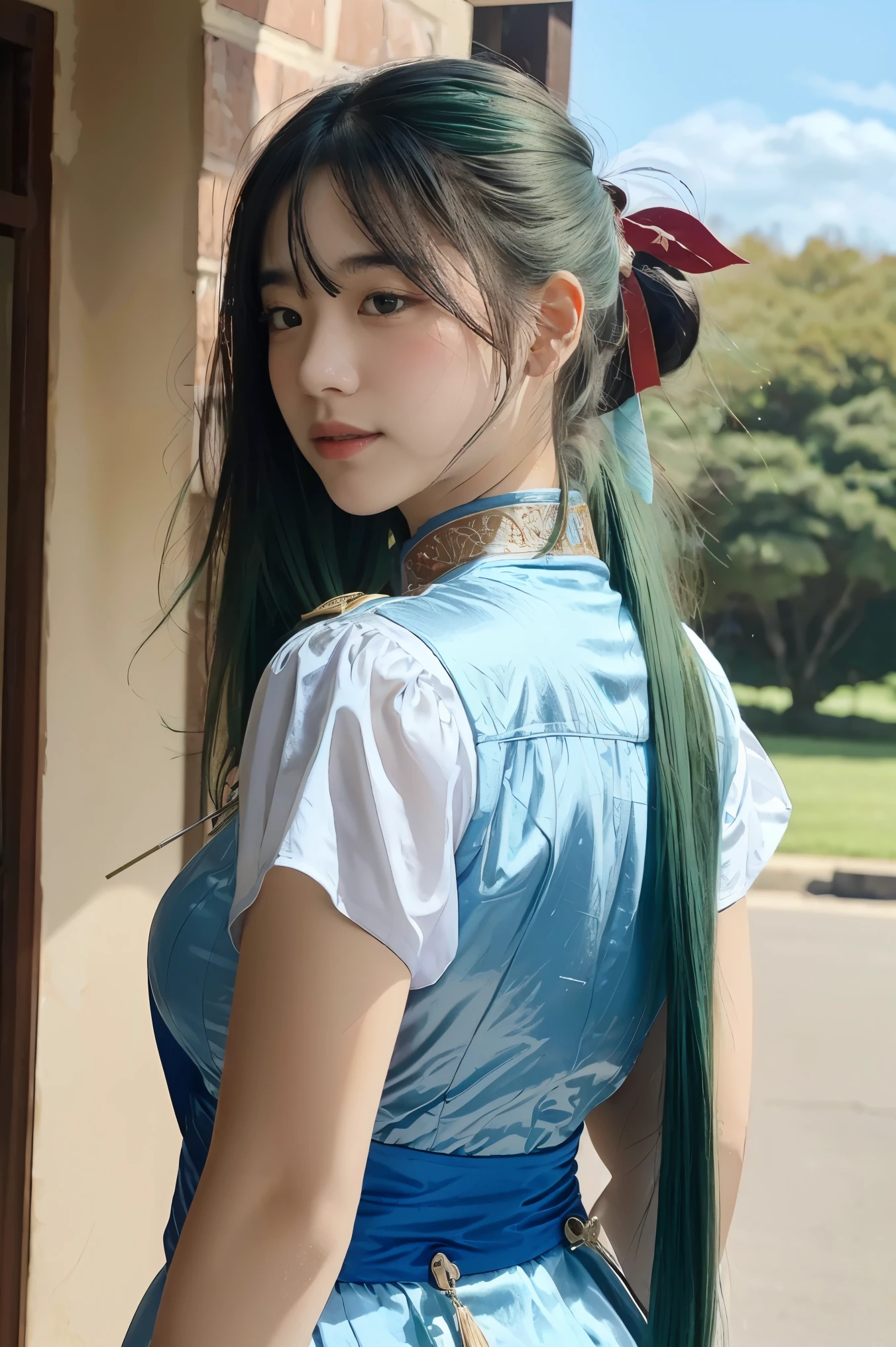 (masterpiece, best quality),  intricate details,
1girl,   lyn_(fire_emblem), 1girl, solo, ((green hair)), long hair, green eyes, high ponytail, blue dress, large breast, jewelry, fingerless gloves. hair ornament, lyn_(fire_emblem),
shooting range, she is holding an arrow, bows behind her back, white horse beside her, 