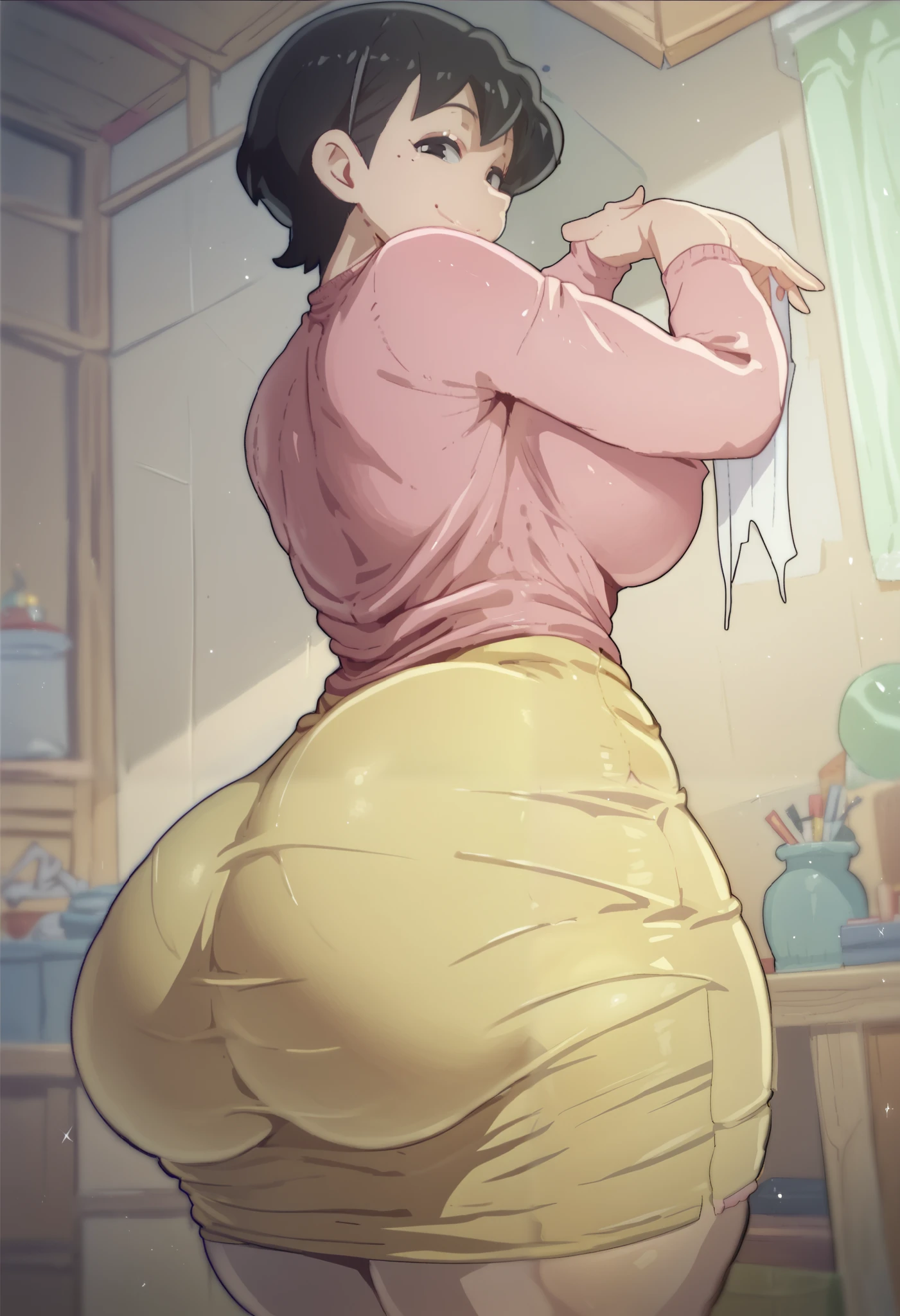 score_9, score_8_up, score_7_up, 1girl, solo, black hair, short hair, pink sweater, yellow skirt, large breasts, wide hips, thick thighs, random angle, big ass, ass focus, looking at viewer, smile, indoors, manilla style