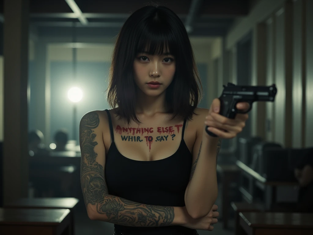 Ultra-realistic photo, high resolution, high quality, adult Japanese beauty, standing with a pistol barrel pointed at the photographer, covered in full body tattoos, emotionless, mid-length hair, a perfect assassin, "Anything else to say?" texted in red blood-splatter-like letters, cinematic, dramatic, in a dingy location in an abandoned school building, a creepy environment, distant electric lights reflect her.