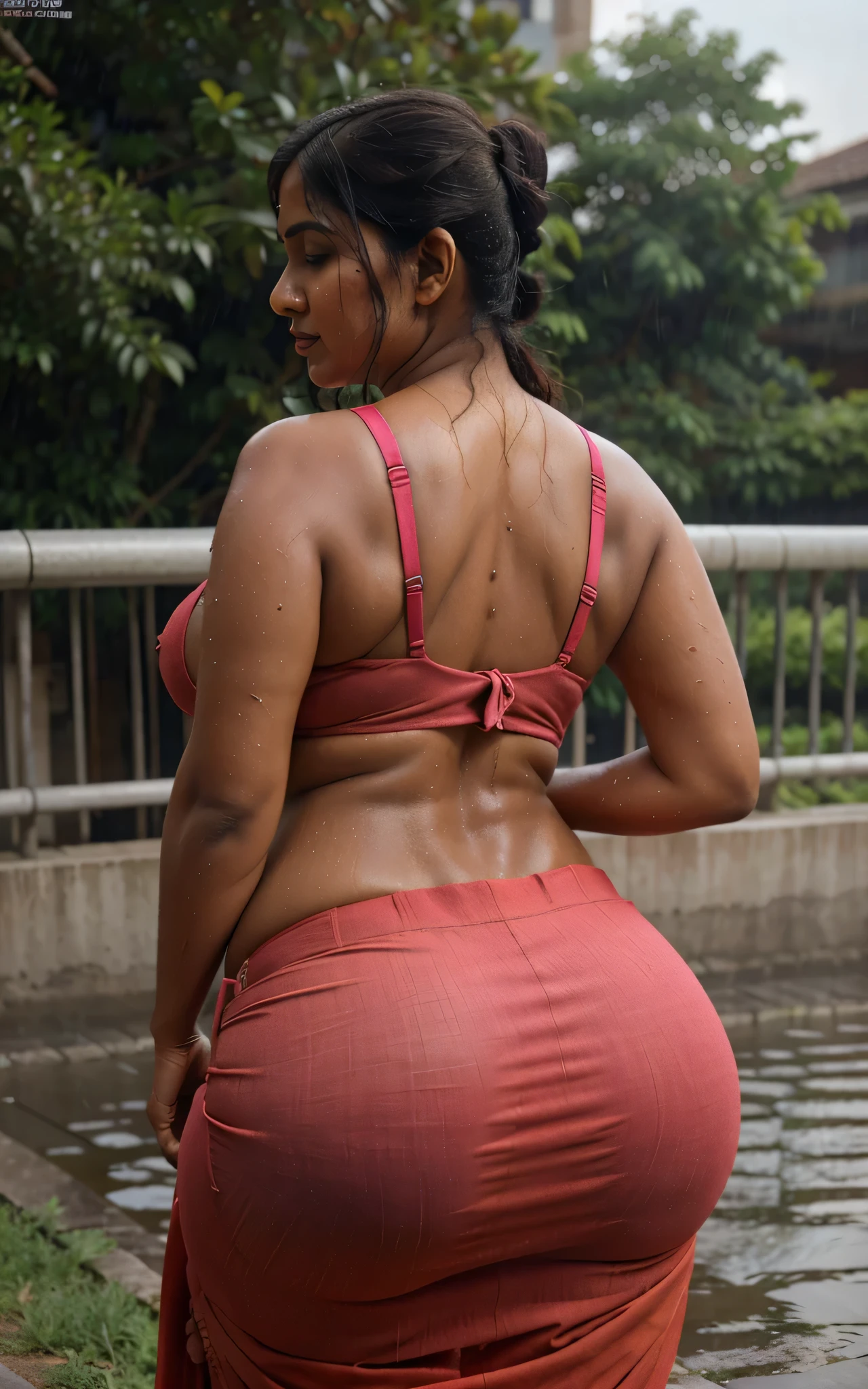 three woman in a blue red and pink sari posing for a picture, indian super model, very large bosum, hindu, provocative indian, really large bosum, attractive feminine curves, beautiful sexy woman photo, style of beautiful body, curvy accentuated booty, large bosum, curvy and bow, trending on bbwchan, wearing sari, beautiful curvy female, desi, wet clothes, super tight clothes , visible bra and nipples, wet clothes, on road, rainy sesson, ponytail, clown back show