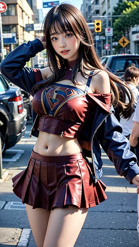   1 girl，big tit female body set ，  Supergirl Costume Dress，skirt、ミニskirt、Cutting clothes，close，  Off Shoulder Outfit，Charming，  perfect body，street，belly button，Abdominal vest line，Brown Hair、Long Hair、Long Hair、  Sexy Poses