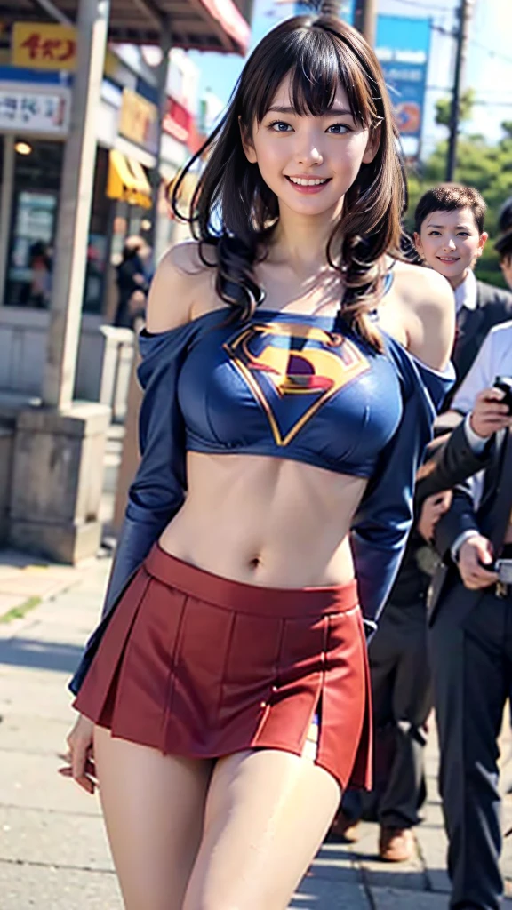   1 girl，big tit female body set ，  Supergirl Costume Dress，skirt、ミニskirt、Cutting clothes，close，  Off Shoulder Outfit，Charming，  perfect body，street，belly button，Abdominal vest line，Brown Hair、Long Hair、Long Hair、  Sexy Poses