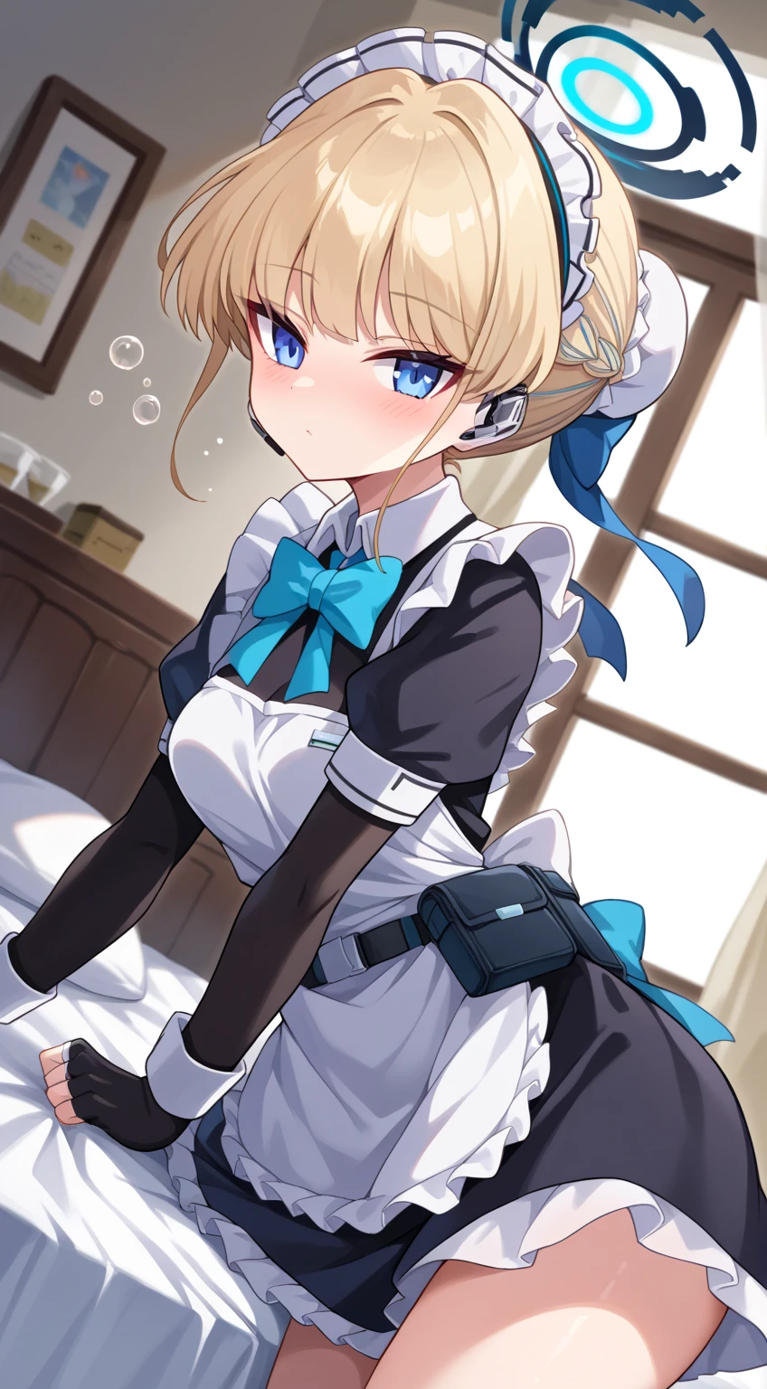 score_9, score_8_up, score_7_up, source_anime,
tokiasuma, toki, blonde hair, blue eyes,
hair bun, short hair, halo, apron, belt pouch, black dress, black gloves, blue bow, bow, dress, elbow gloves, fingerless gloves, gloves, halo, long sleeves, maid, maid apron, maid headdress, pouch,
indoors, bed, bed room, on side, blush, drunk,
looking at viewer, dutch angle, cowboy shot