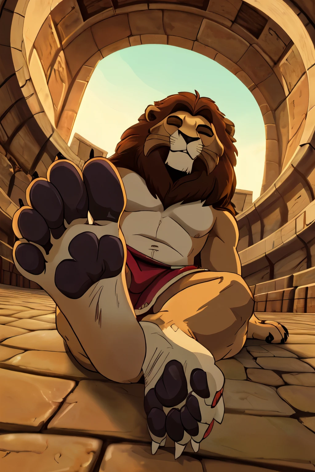 handsome, lion scruffy fringe, wearing gladiator clothers ,eyes with a mischievous glint, brown eyes, average build, good eyes, warm lighting, 8k semi realistic small grin, foot paw (5 toes ) ((small claws on toes)) (sleeping))lying dead in the colosseum ((closed eyes)) ((tonque out of the mounth)) (feet soles showing)) ((lionmann)) ((feetsoles)) lying dead in the colosseum (defeat on the floor)) ((gladiator))lies lifeless on the ground, (paws up)) (feet up)) ((gladiator clother)) (roman empire)) (low angle) (paw focus))
