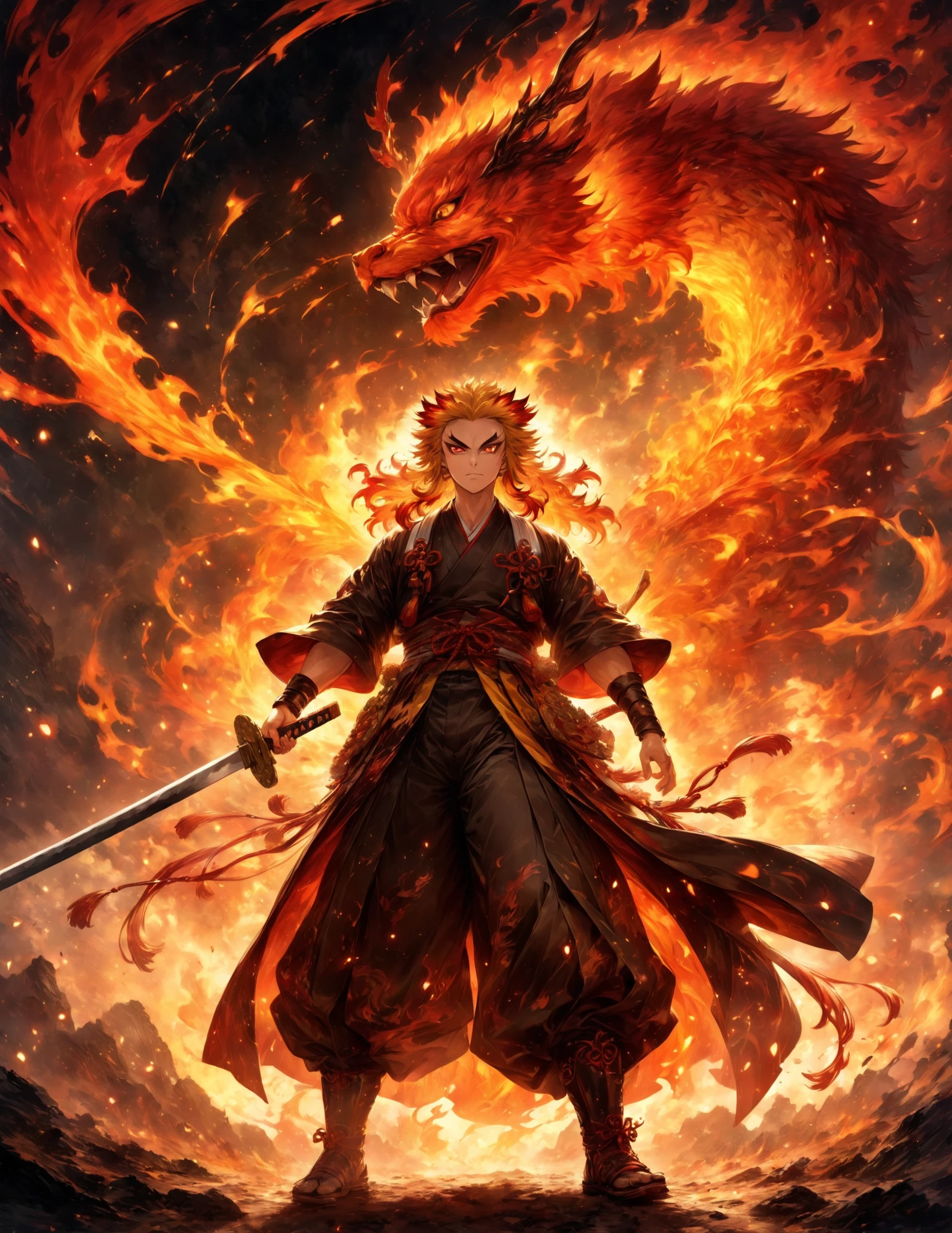 (1 male,Rengoku Kyojuro,Yellow and orange hair),solo,comics『Demon slayer』Characters in,,Battle Style,Fire effect,Staring straight ahead,Coming towards the front,Moderate dirt,Japan have a sword,Digital Art,An illustration,Intricate details,Intricate details,Wide range of colors,artwork,rendering,,(highest quality:1.4),(Very detailed:1.5),High resolution,Very detailed,unity 8k wallpaper,Draw artistic background,Disorganized,Chinese dragon drawn with flames,BREAK,Japanese swords are straight and have a metallic luster.,Please hold the Japanese sword by the handle