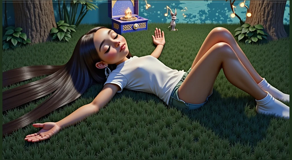 Inspired by the poster of a high quality and high resolution 3D Disney movie, set the image of a girl, ****, , *******, AGE: 12Y, BEAUTIFUL, SENSUAL AND ATTRACTIVE, lying on a grass using her arms as a pillow she has long straight black hair that spreads across the grass she is wearing a white t-shirt, she is wearing very short green safari style shorts she is wearing white socks she is with her eyes closed and sleeping deeply connected with nature, all the elements in the background, including the jaguar and the music box appear SMALLER AND BLURRED, ONLY AS ELEMENTS THAT COMPLEMENT THE SCENE, THE IMPORTANCE OF THE BOX IS THE LIGHT IT EMITS FROM ITS INTERIOR LIGHTING UP THE ENVIRONMENT AND THE NOTES MUSICALS THAT APPEAR ALMOST ETERNAL IN THE SCENE, BUT PRESENT IN THE ENTIRE ENVIRONMENT. In the background we see a jaguar lying down with its eyes closed and sleeping, an image blurred so as not to take attention away from the main character. Behind the jaguar, we have a blue music box with a white background, and I feel a white light that expands in the background of the environment, softly emitting golden musical notes that spread throughout the forest. The environment is a beautiful night of stars and a full moon. Around the girl, there are trees and plants typical of the Amazon. She is beautiful, sensual and attractive.