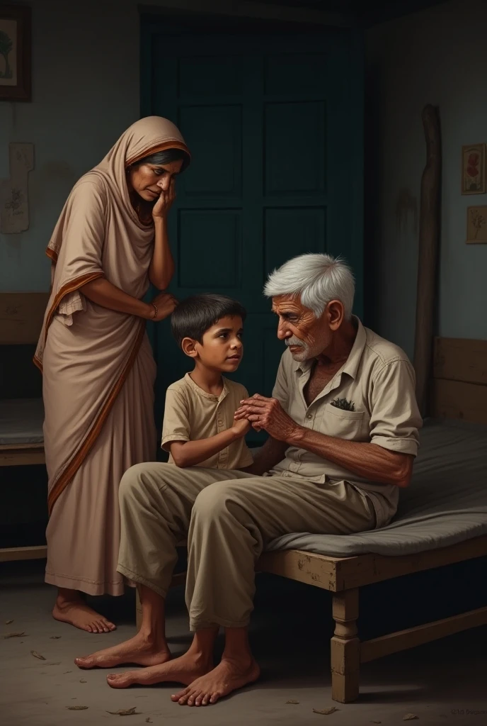 पिता की तबीयत बिगड़ना: "An old Indian man lying on a cot in a small ...