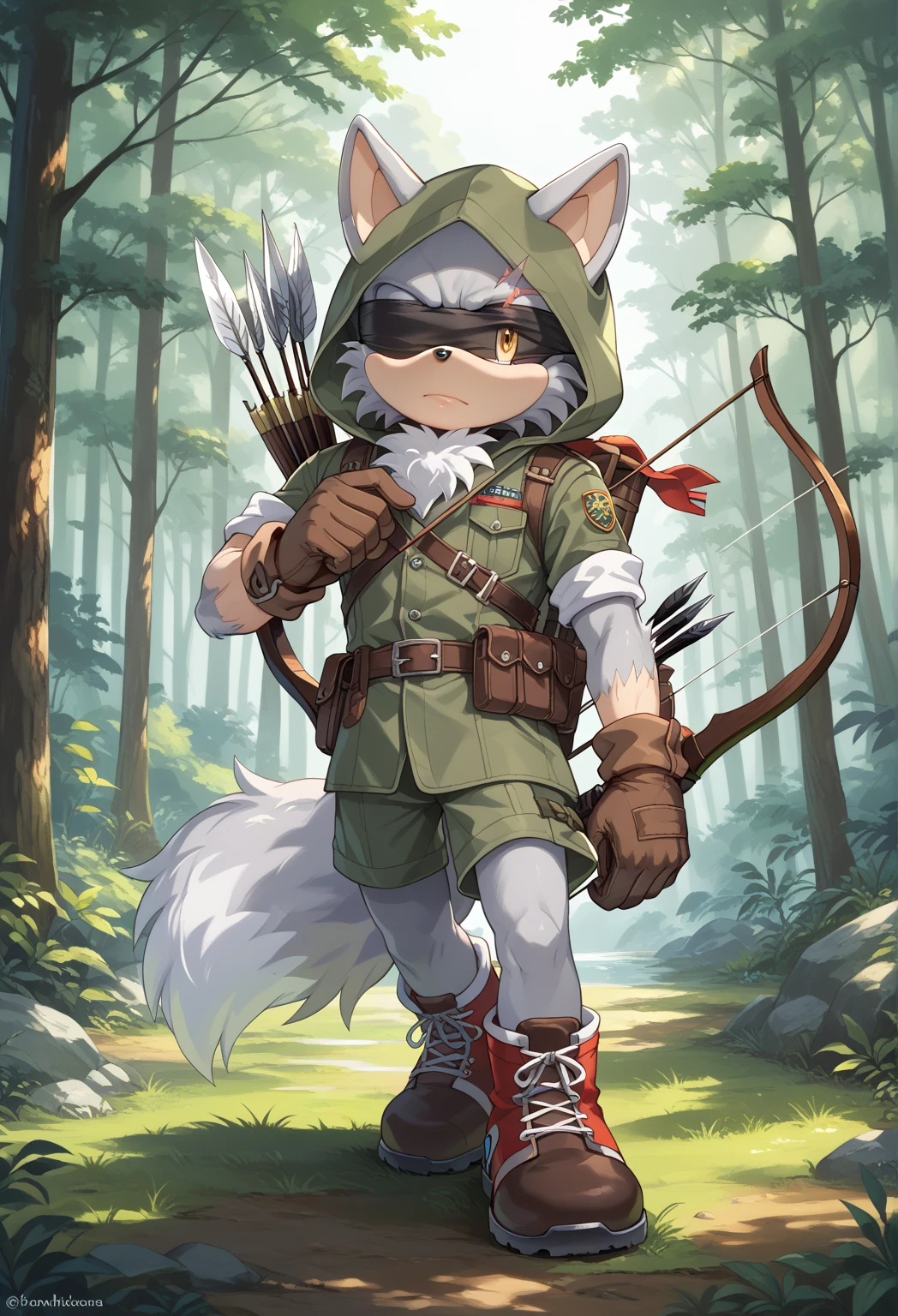 Male Wolf, ((Sonic character oc )), Male adult, ( silver fur in all body ), ( light gray inner ears ), (Alone), ( Short and messy hair ), forest, Left eye Blind , scar near the left eye that crosses the left eye diagonally, bow and quiver, con un hunter bow , Archery, wears a hood, brown gloves with cut toes and boots, yellow Eyes, Day time, ((mobian)), moebius forest, ranger clothing, (Fluffy Fur), Large Fluffy Tail, Serious poses, blindfold Over one eye,