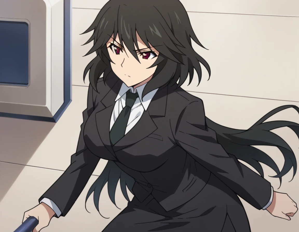 Orimura&#39;s pet, long hair, bangs, black hair, hair between eyes, brown eyes,
skirt, shirt, long sleeves, jacket, white shirt, necktie, black skirt, black jacket, formal, suit, black necktie, pencil skirt, skirt suit,Big Breasts