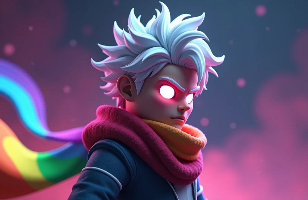  there is a cartoon image of a man with a rainbow scarf, low-poly render , вдохновленный Jang Seung-eop , Roblox,  roblox-style character , tumblr,  concept art , roblox avatar ,  dark rainbow haze , non-linear,  elegant demon dreamer ,  Holographic rainbow sword blade!,  in a dark space hired suit ,  glowing white face ,  unknown art style ,  Demon man with white hair ,  high resolution, masterpiece,  The award-winning , Accuracy,  best quality , Damaged,  In detail, HD model,  highly detailed ,  high quality, quality, Retina of the eye,  Very Detailed ,  Ultra high definition , 