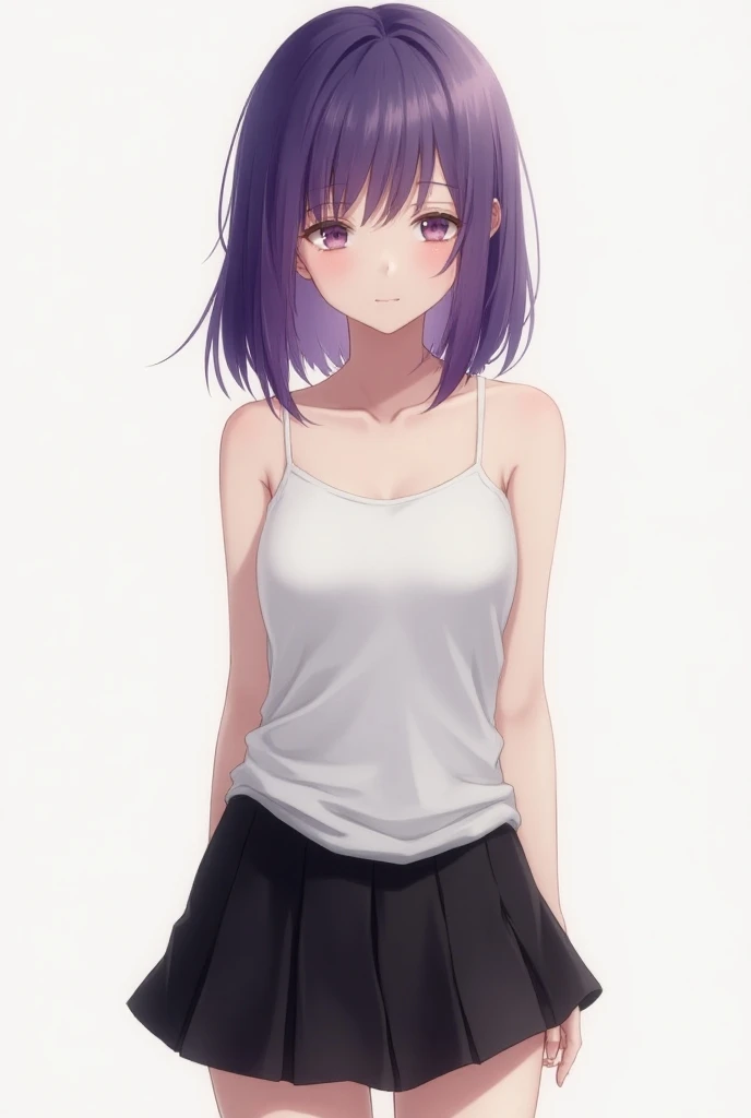 Kyoka Jiro, One girl, alone, chest, blush, short hair, bangs, Simple Background, shirt, White Background, Mouth closed, Purple eyes, clavicle, Lower Body,Purple Hair, Short sleeve, blunt bangs, avert your eyes, t-shirt, pink shirt, Long earlobes、tits