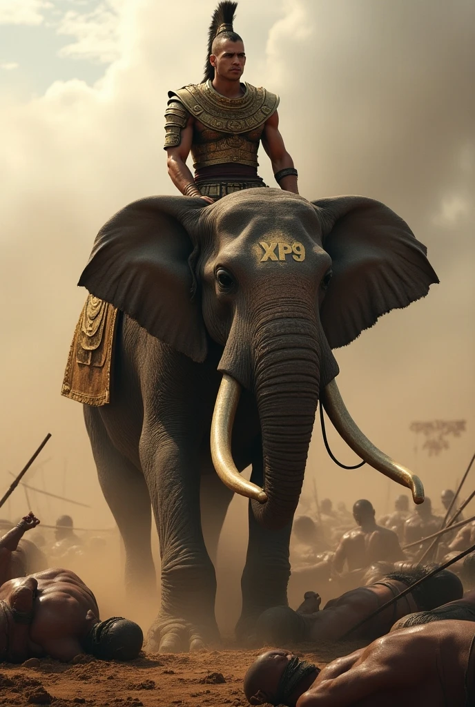 I want you to create an image of Alexander the Great riding a buffalo with a leopard mount with his typical battle crown with 2 feathers. Facing King Porus face to face, which is riding a large menacing elephant standing on its hind legs