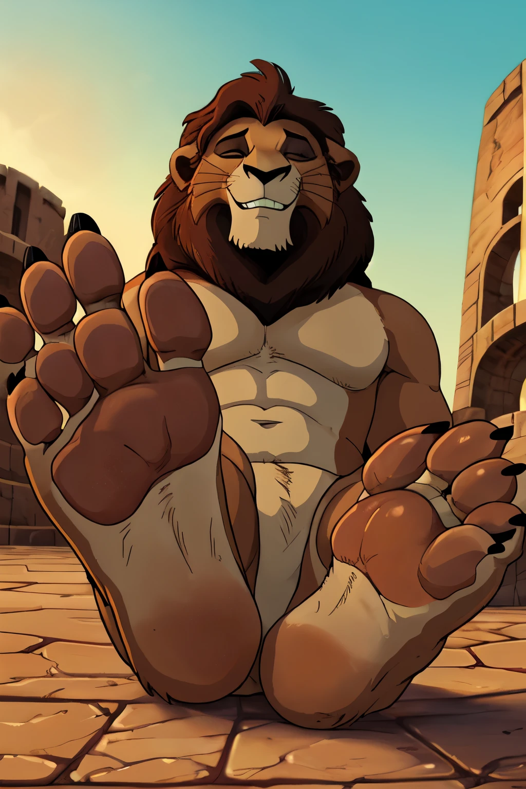 handsome, lion, kowu,(Lion king) scruffy fringe, wearing gladiator clothers ,eyes with a mischievous glint, brown eyes, average build, good eyes, warm lighting, 8k semi realistic small grin, foot paw (5 toes ) ((small claws on toes)) (sleeping))lying dead in the colosseum ((closed eyes)) ((tonque out of the mounth)) (feet soles showing)) ((lionmann)) ((feetsoles)) lying dead in the colosseum (defeat on the floor)) ((gladiator))lies lifeless on the ground, (paws up)) (feet up)) ((gladiator clother)) (roman empire)) (low angle) (paw focus)) (by SpiritD  ((black claws))
