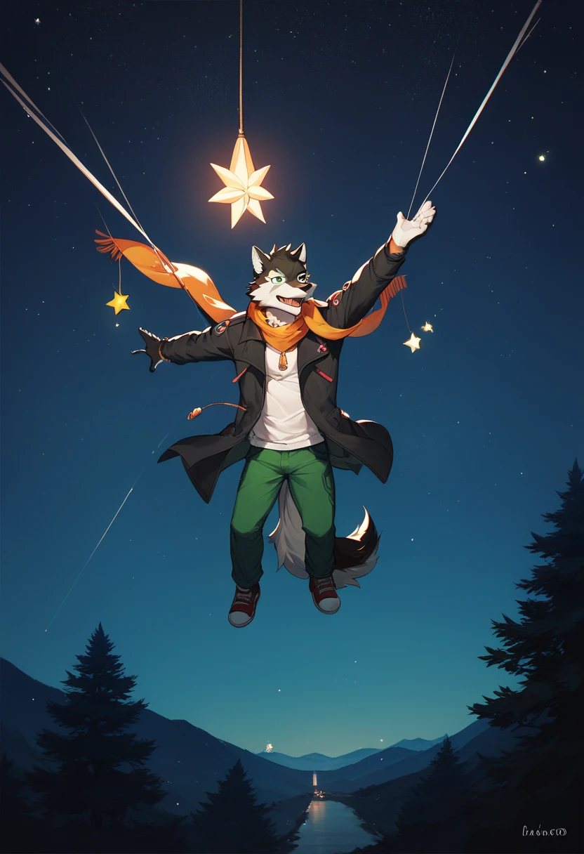 scarf,night sky,falling down,stars,black fur,white fur,GREEN EYES,WOLF,FURRY,ANTHRO,Hash,AIR,Rouon Aro