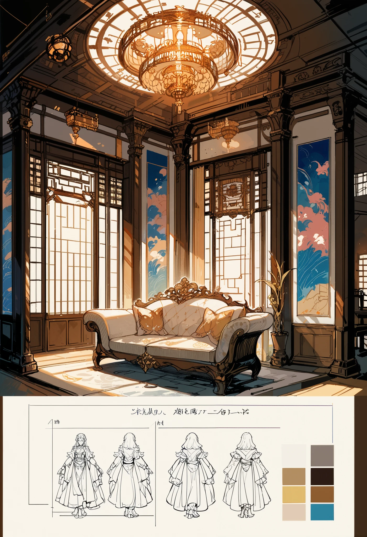 score_9, score_8_up, score_7_up, score_6_up, score_5_up, score_4_up, hires, highres, source_furry, cover page, angelic 1girl, sketches of a fantasy room, sketch, flickr, conceptual art, colorful architectural drawing, architectural illustration, interior design details, visual development, interior design architecture, concept art h 800, watercolor illustration style, traditional japanese concept art, furniture design sheet, architecture drawing, design sheet, conematic lighting, cinematic shhadow,