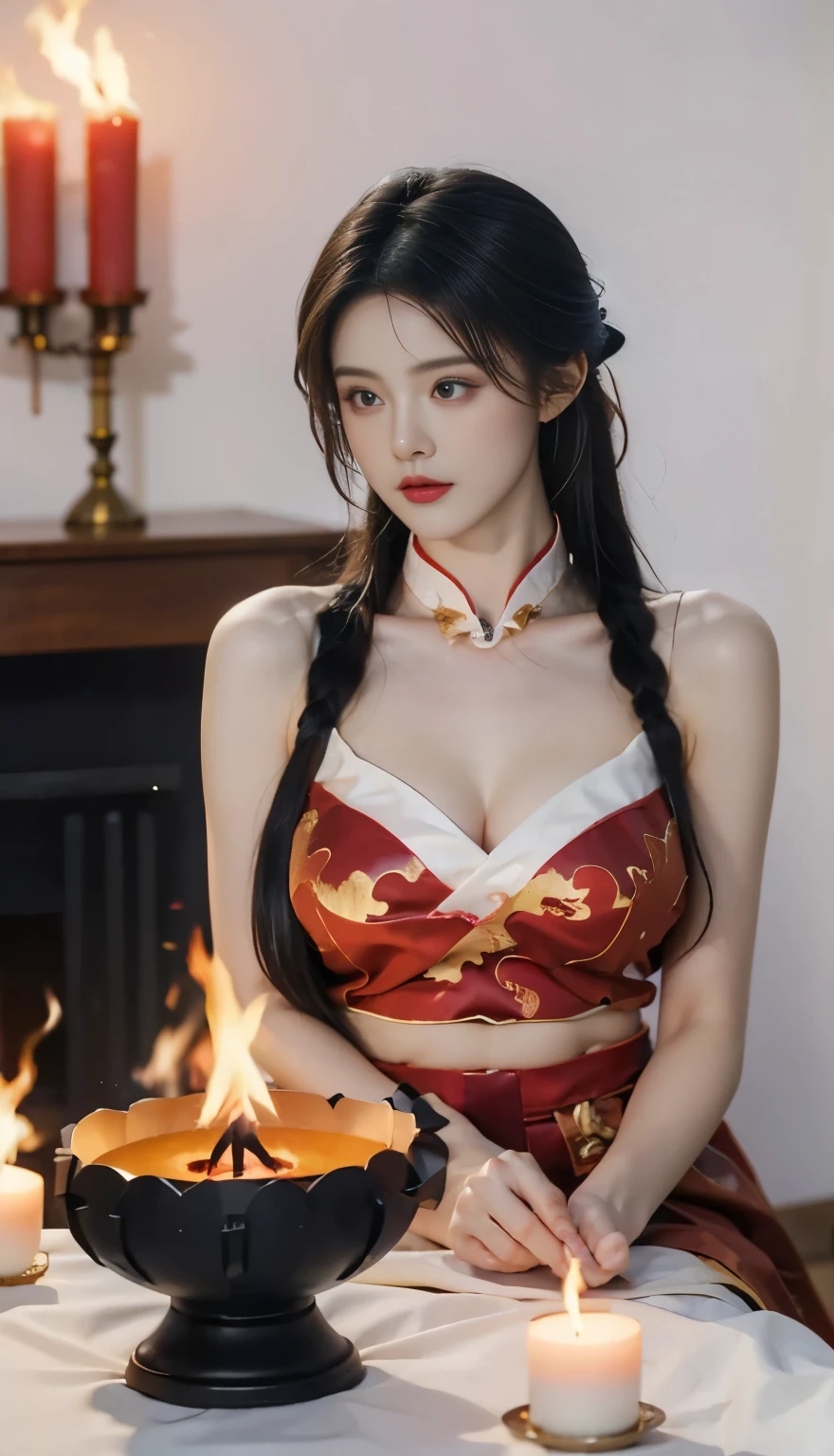 (Fire element :1.1),Composed of Fire element s,( 1 busty girl:1.2),on fire,transparency,Hot,(Lava), fire skin ,flame print ,Hot hair,cloud,Feel,, A Girl Wrapped in Flames,  flames rise and shine ,Burning Hands , translucent luster ,Highly realistic,Beautiful posture,transparency, sci-fi lighting effects ,(The burning altar:1.6),Hanfu